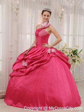 Puffy Fuchsia Ball Gown One Shoulder Beading Pick-ups Quinceanera Dress