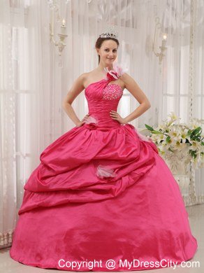 Puffy Fuchsia Ball Gown One Shoulder Beading Pick-ups Quinceanera Dress