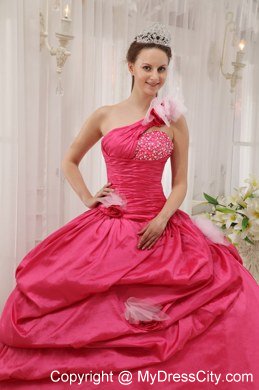 Puffy Fuchsia Ball Gown One Shoulder Beading Pick-ups Quinceanera Dress