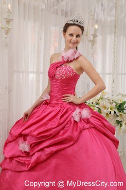 Puffy Fuchsia Ball Gown One Shoulder Beading Pick-ups Quinceanera Dress