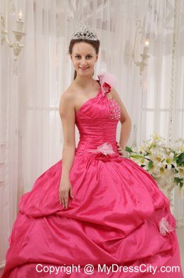 Puffy Fuchsia Ball Gown One Shoulder Beading Pick-ups Quinceanera Dress