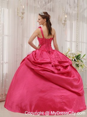 Puffy Fuchsia Ball Gown One Shoulder Beading Pick-ups Quinceanera Dress