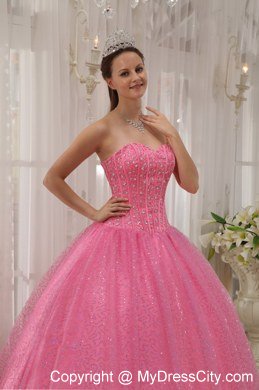 Pink Paillette Over Skirt Sweetheart Beading Cute Quinceanera Dress