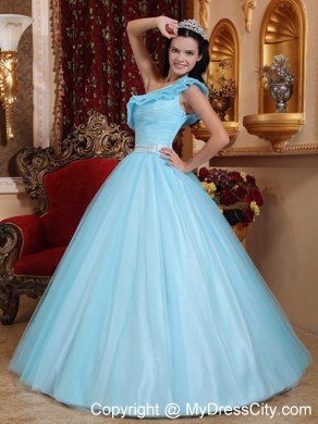 Floral One Shoulder Princess Ruching Light Blue Quinceanera Dress