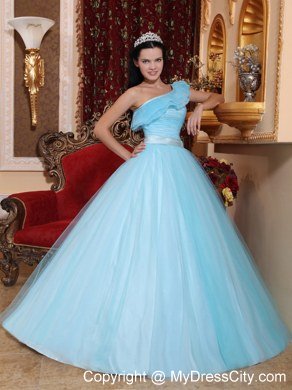 Floral One Shoulder Princess Ruching Light Blue Quinceanera Dress