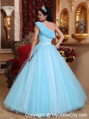 Floral One Shoulder Princess Ruching Light Blue Quinceanera Dress