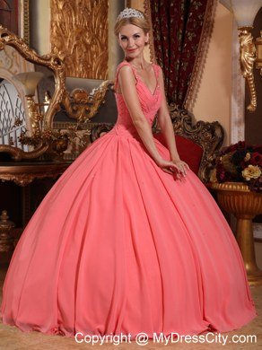 Chiffon Watermelon Pink Dresses for Quince with Beaded Neckline