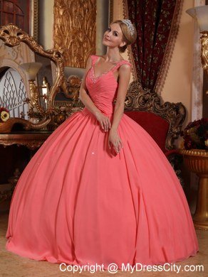 Chiffon Watermelon Pink Dresses for Quince with Beaded Neckline