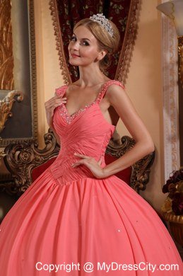 Chiffon Watermelon Pink Dresses for Quince with Beaded Neckline