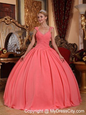 Chiffon Watermelon Pink Dresses for Quince with Beaded Neckline