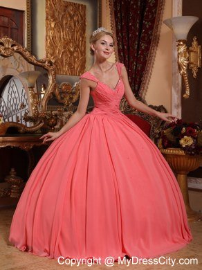 Chiffon Watermelon Pink Dresses for Quince with Beaded Neckline