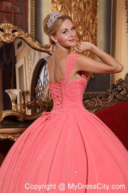 Chiffon Watermelon Pink Dresses for Quince with Beaded Neckline