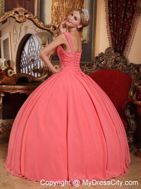 Chiffon Watermelon Pink Dresses for Quince with Beaded Neckline