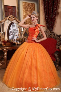 Bowknot Decorate One Shoulder Quinceanera Gown Beaded 