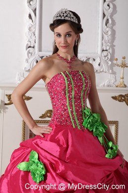 Pretty Beaded Hand Made Flowers Quinceanera Gowns in Coral Red