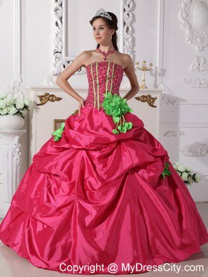 Pretty Beaded Hand Made Flowers Quinceanera Gowns in Coral Red