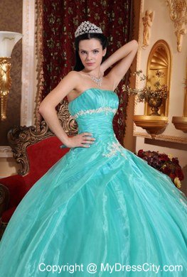 Beautiful Aqua Blue Strapless Ruching Appliques Quinceanera Dress