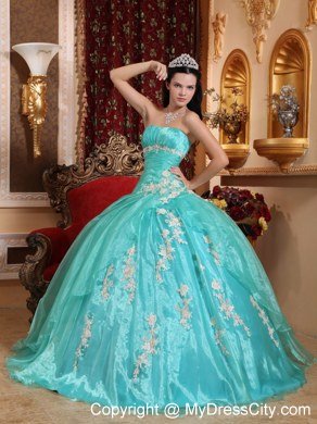 Beautiful Aqua Blue Strapless Ruching Appliques Quinceanera Dress