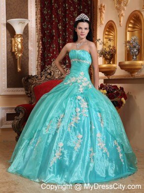 Beautiful Aqua Blue Strapless Ruching Appliques Quinceanera Dress