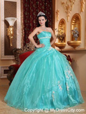 Beautiful Aqua Blue Strapless Ruching Appliques Quinceanera Dress