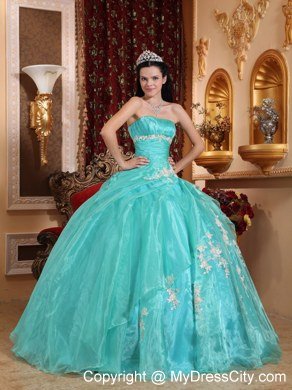 Beautiful Aqua Blue Strapless Ruching Appliques Quinceanera Dress