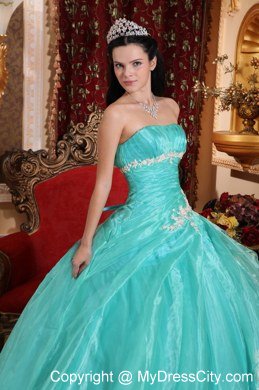 Beautiful Aqua Blue Strapless Ruching Appliques Quinceanera Dress