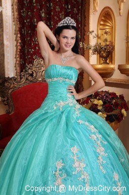 Beautiful Aqua Blue Strapless Ruching Appliques Quinceanera Dress