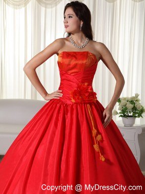 Red Strapless Flowers Cheap Quinceanera Dress for 2013 Spring