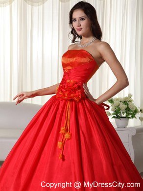 Red Strapless Flowers Cheap Quinceanera Dress for 2013 Spring