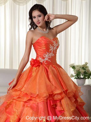 Orange Sweetheart Appliques Ruffles Natural Waist Quinceanera Dress