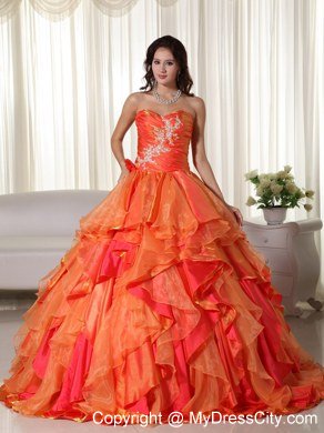 Orange Sweetheart Appliques Ruffles Natural Waist Quinceanera Dress