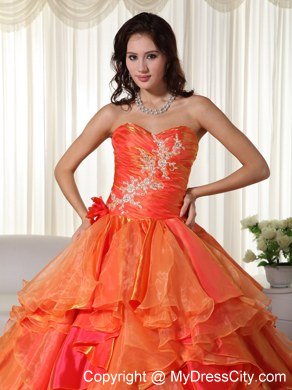 Orange Sweetheart Appliques Ruffles Natural Waist Quinceanera Dress