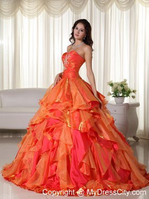 Orange Sweetheart Appliques Ruffles Natural Waist Quinceanera Dress