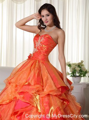 Orange Sweetheart Appliques Ruffles Natural Waist Quinceanera Dress