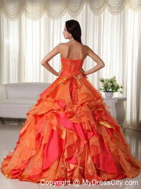 Orange Sweetheart Appliques Ruffles Natural Waist Quinceanera Dress