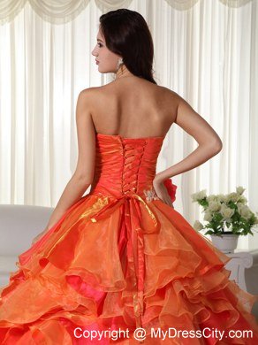 Orange Sweetheart Appliques Ruffles Natural Waist Quinceanera Dress