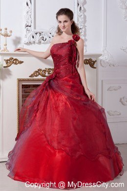 One Shoulder Flower Wine Red Quinceanera Dresses with Beading