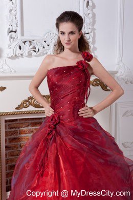 One Shoulder Flower Wine Red Quinceanera Dresses with Beading