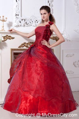 One Shoulder Flower Wine Red Quinceanera Dresses with Beading