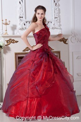 One Shoulder Flower Wine Red Quinceanera Dresses with Beading