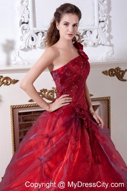 One Shoulder Flower Wine Red Quinceanera Dresses with Beading