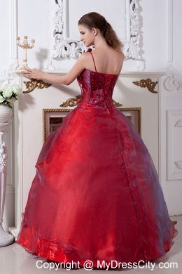 One Shoulder Flower Wine Red Quinceanera Dresses with Beading