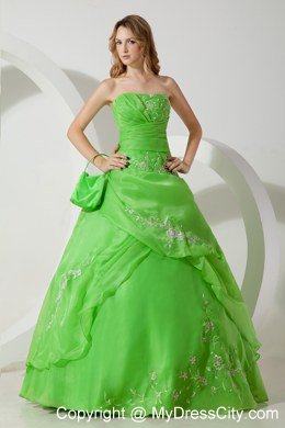 Green Ball Gown Strapless Embroidery Spring Quinceanera Dress