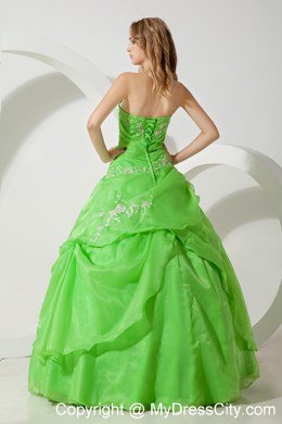 Green Ball Gown Strapless Embroidery Spring Quinceanera Dress