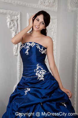 Plus Size Strapless Appliques Sleeveless Blue Quinceanea Dress