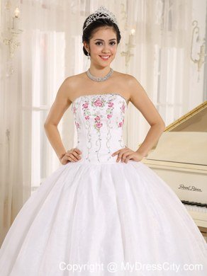 Ball Gown Strapless Embroidery White Quinceanera Dress Under 300