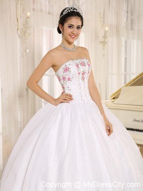 Ball Gown Strapless Embroidery White Quinceanera Dress Under 300