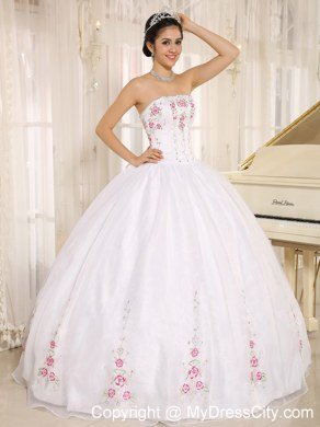 Ball Gown Strapless Embroidery White Quinceanera Dress Under 300