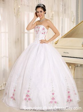 Ball Gown Strapless Embroidery White Quinceanera Dress Under 300