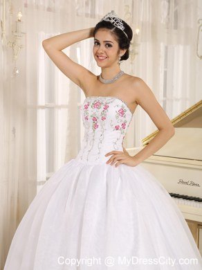 Ball Gown Strapless Embroidery White Quinceanera Dress Under 300